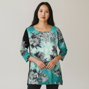 Citron Santa Monica Silk Floral Teal Tunic Top Size Small